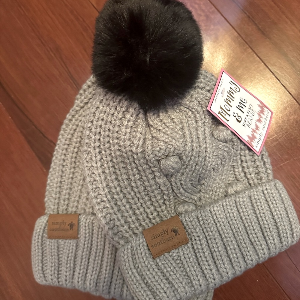 NEW Simply Southern Mom and Child Matching Beanie Hat Grey and Black. Snow Hats